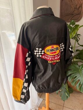 Vintage Pennzoil World of Outlaws Leather Racing Jacket XXL Black Saxon